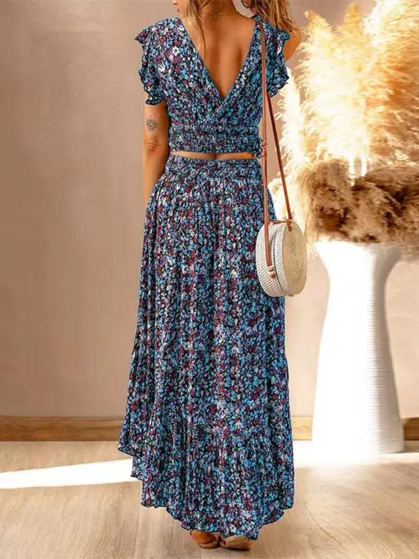 Floral Print V-neck Maxi Dress with Ruffled Sleeves and Irregular Hemline