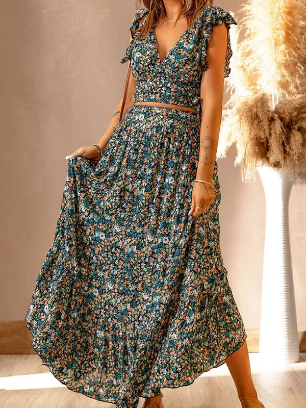 Floral Print V-neck Maxi Dress with Ruffled Sleeves and Irregular Hemline