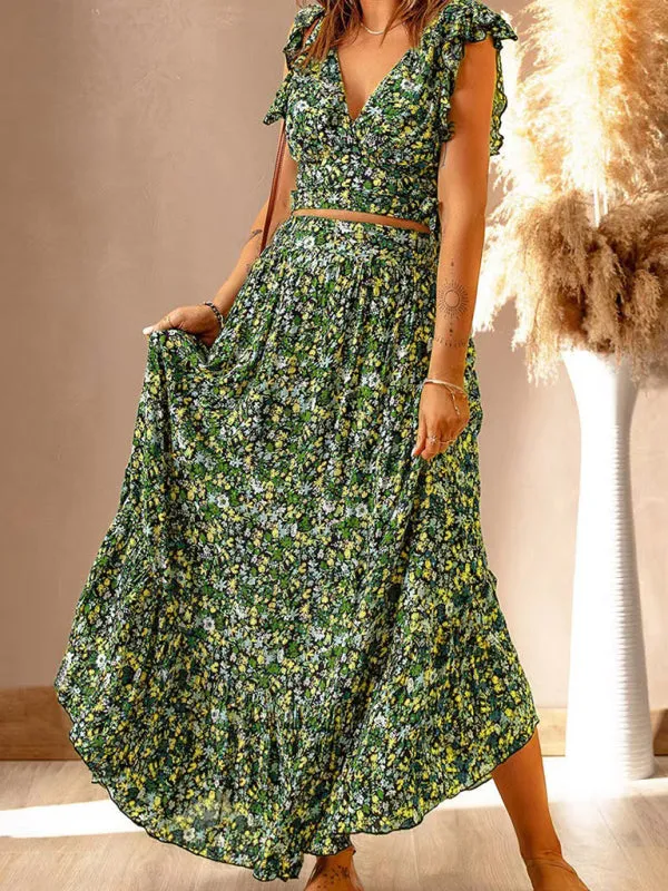 Floral Print V-neck Maxi Dress with Ruffled Sleeves and Irregular Hemline