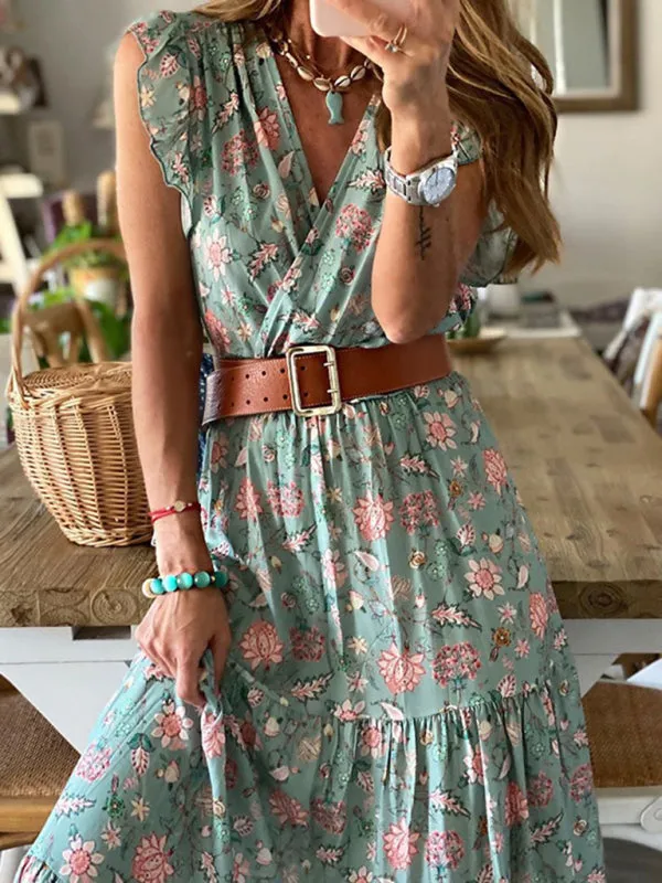 Floral Print V-Neck Midi Dress with Ruffled Sleeves