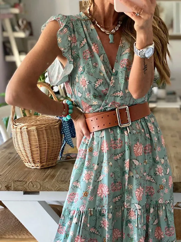Floral Print V-Neck Midi Dress with Ruffled Sleeves