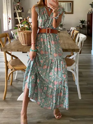 Floral Print V-Neck Midi Dress with Ruffled Sleeves