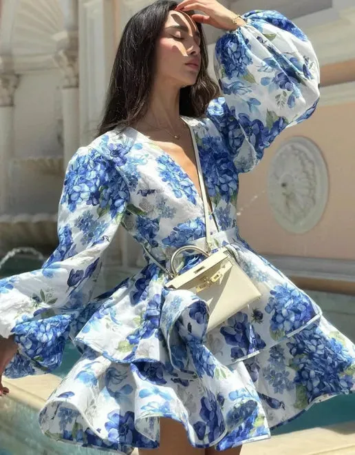 Floral Print V-neck Mini Dress with Ruffled Layered Skirt