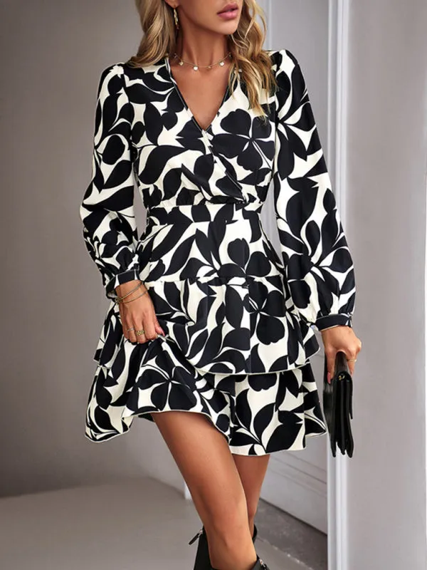 Floral Print V-Neck Mini Dress with Ruffled Skirt