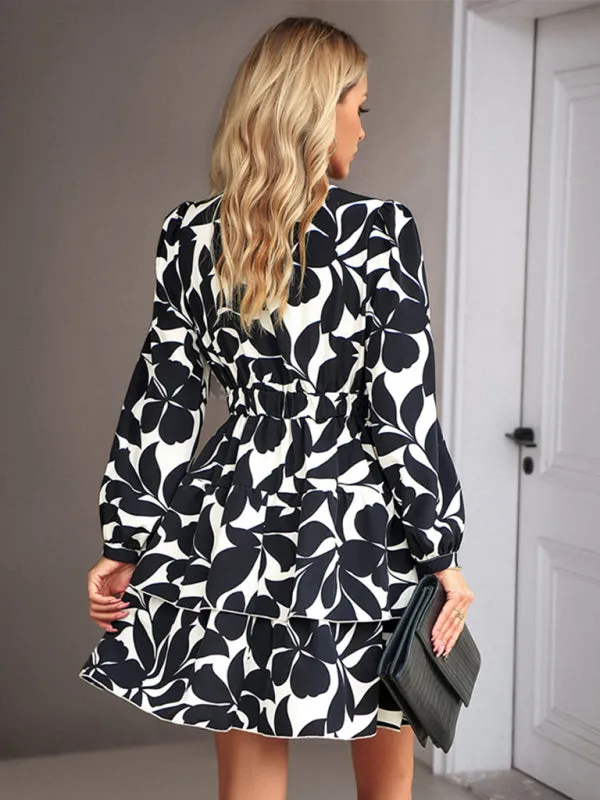 Floral Print V-Neck Mini Dress with Ruffled Skirt
