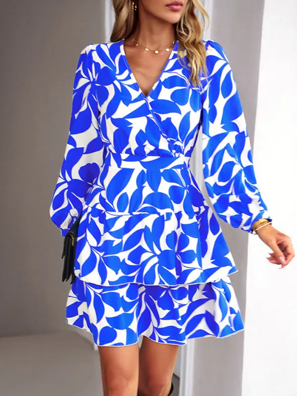 Floral Print V-Neck Mini Dress with Ruffled Skirt