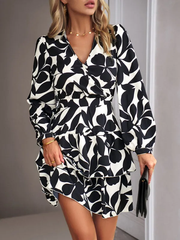 Floral Print V-Neck Mini Dress with Ruffled Skirt