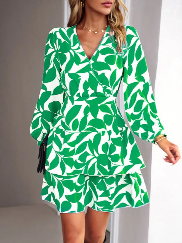 Floral Print V-Neck Mini Dress with Ruffled Skirt