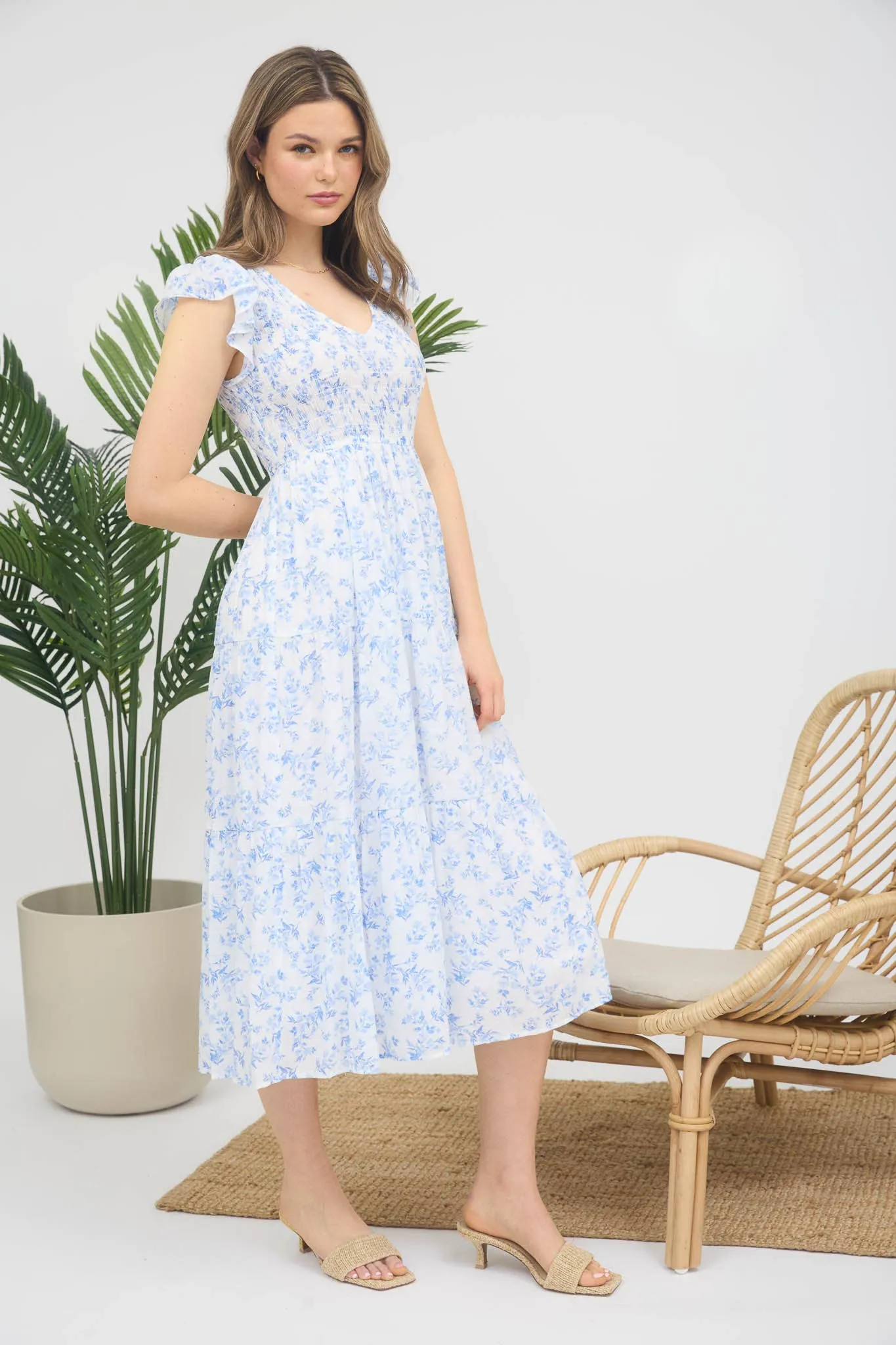 FLORAL V NECK SMOCKED SHORT SLEEVE MIDI DRESS