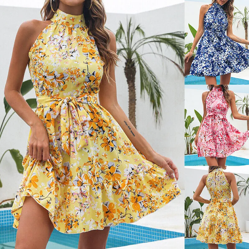 Flowers Print Halterneck Lace-Up Ruffled Dress