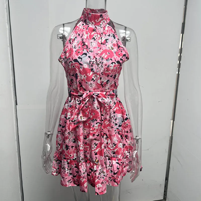 Flowers Print Halterneck Lace-Up Ruffled Dress