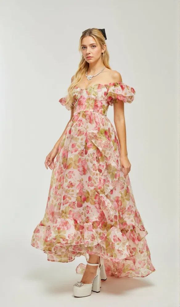 FRUIT-PRINT RUFFLED MAXI DRESS IN PINK