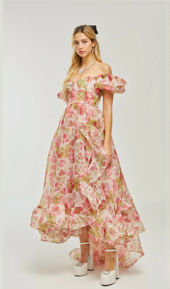 FRUIT-PRINT RUFFLED MAXI DRESS IN PINK