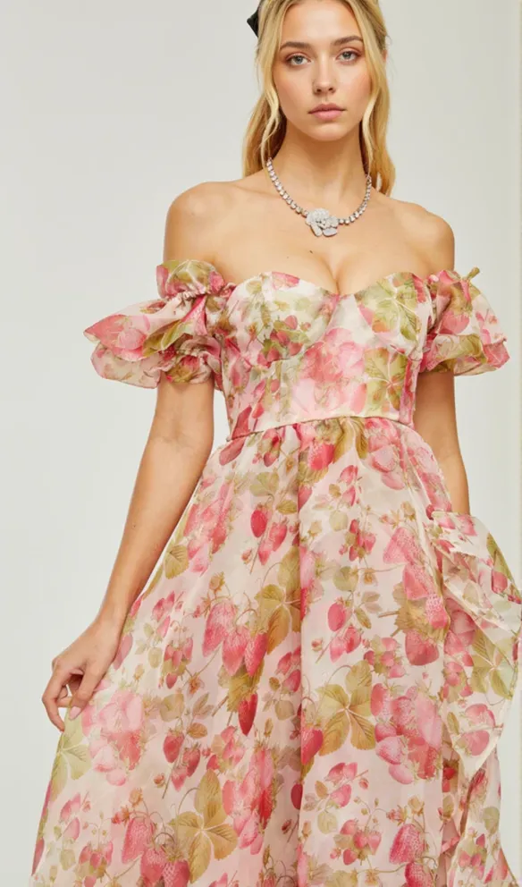 FRUIT-PRINT RUFFLED MAXI DRESS IN PINK