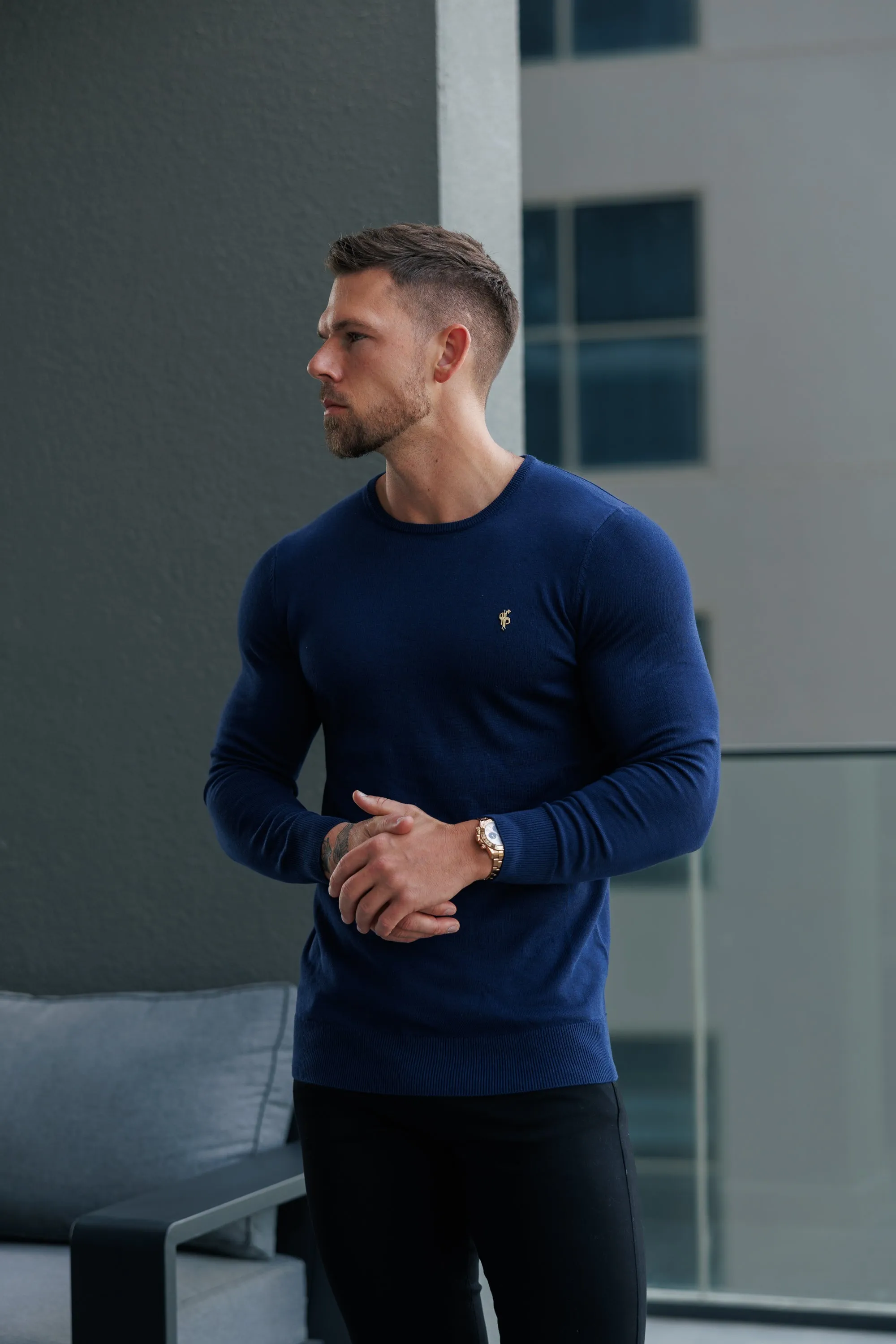 FS Navy Crew Neck Knitted Jumper With FS Branding - FSN197