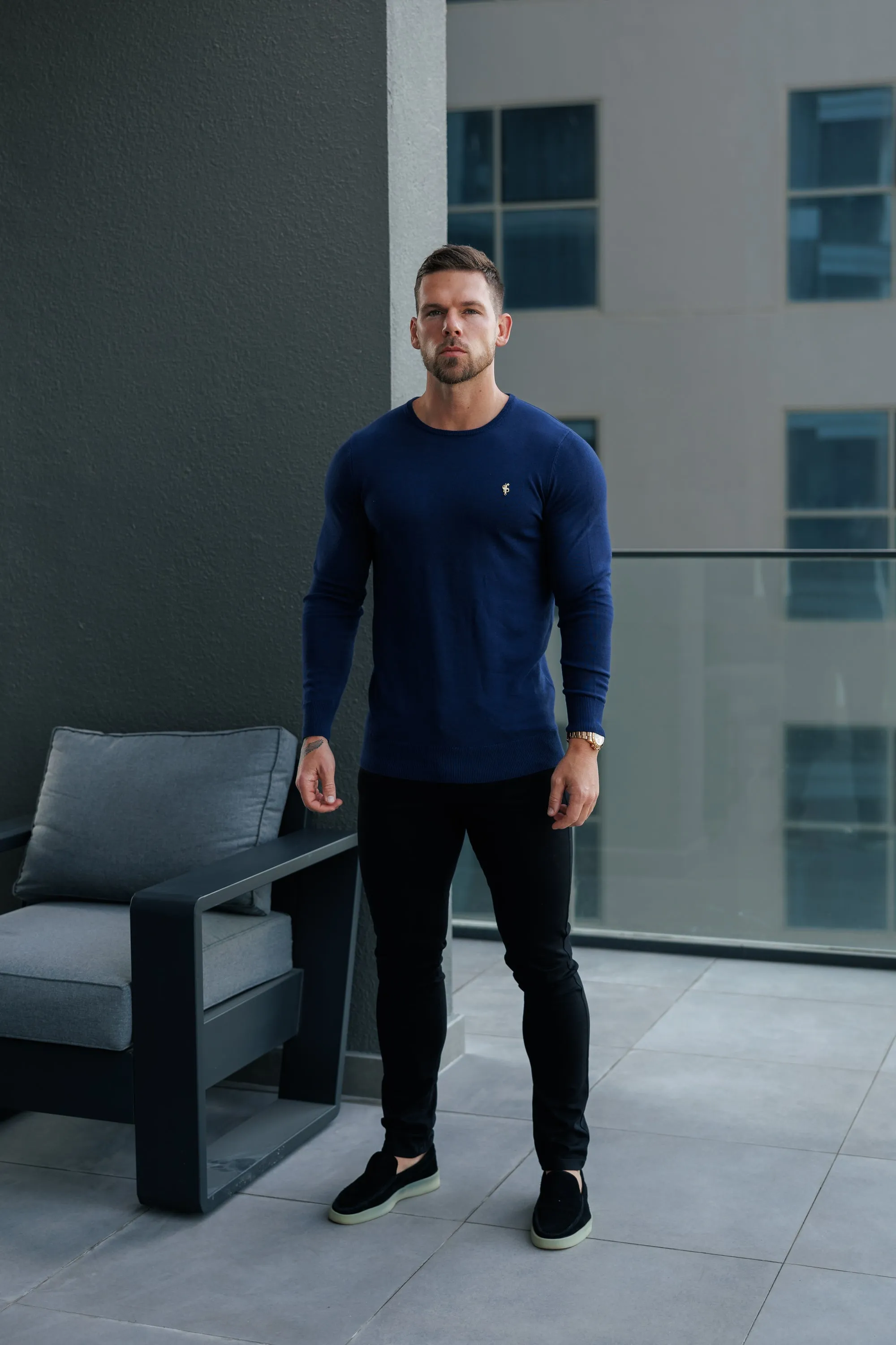 FS Navy Crew Neck Knitted Jumper With FS Branding - FSN197