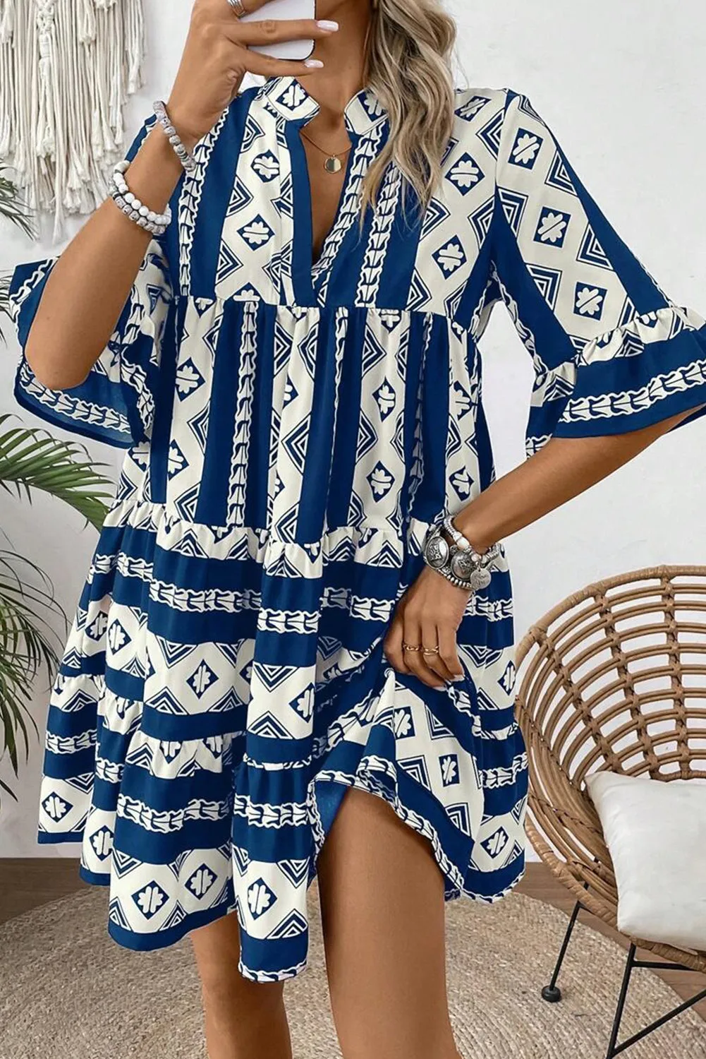Geometric Print V Neck Dress with Ruffled Sleeves and Tiered Skirt