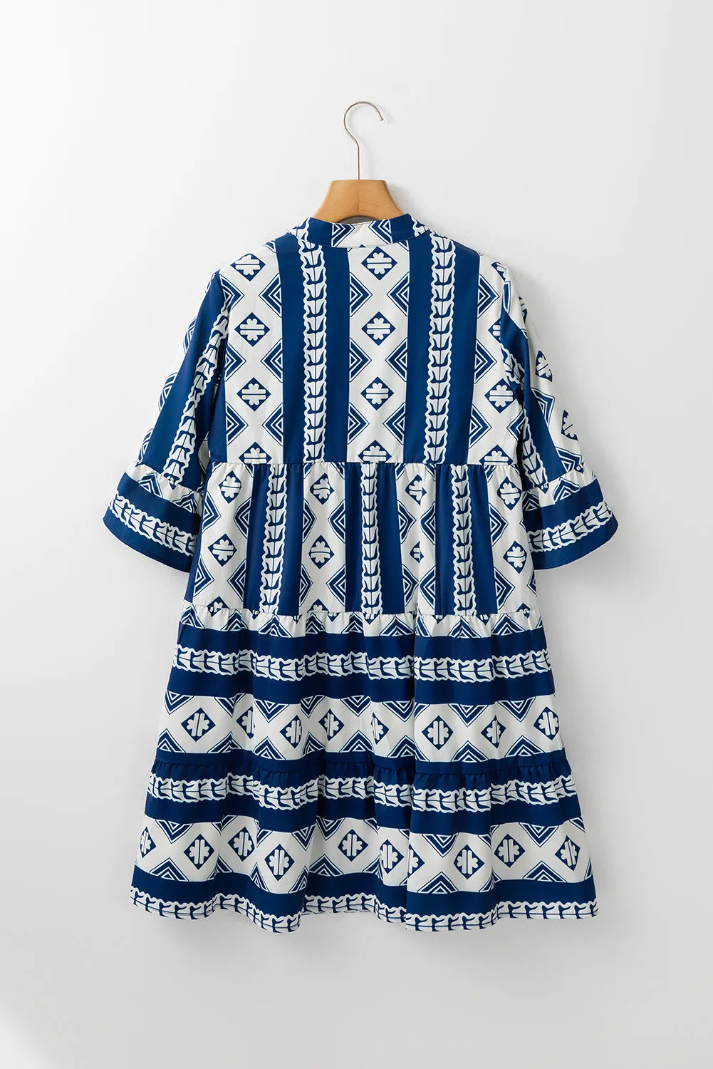Geometric Print V Neck Dress with Ruffled Sleeves and Tiered Skirt