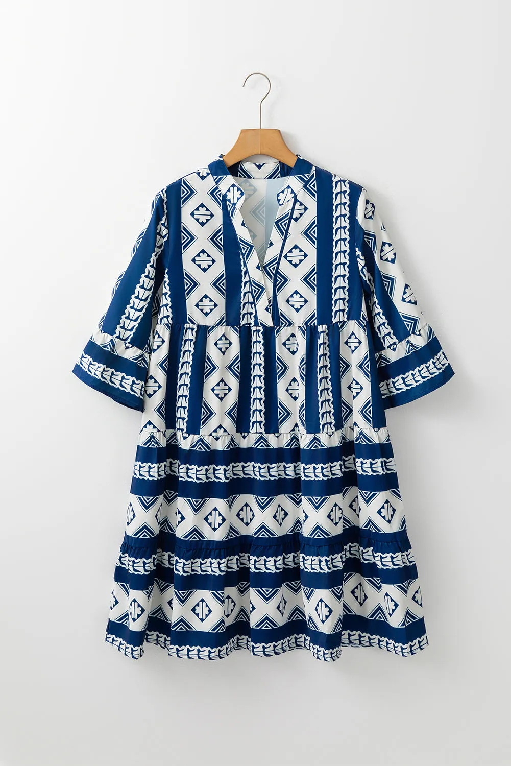 Geometric Print V Neck Dress with Ruffled Sleeves and Tiered Skirt