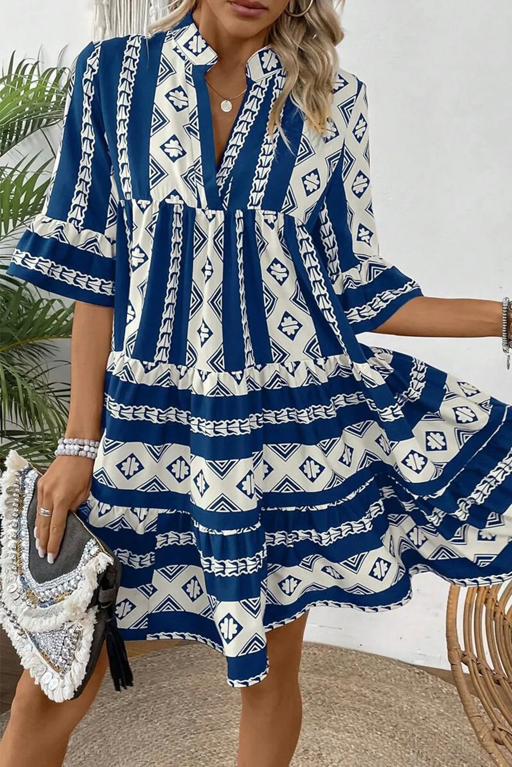Geometric Print V Neck Dress with Ruffled Sleeves and Tiered Skirt