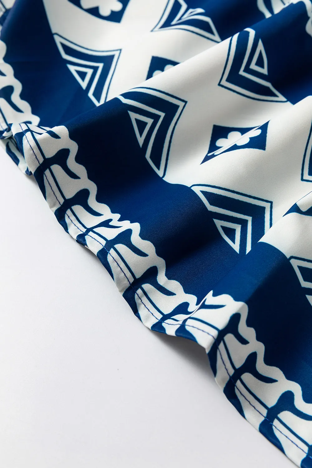 Geometric Print V Neck Dress with Ruffled Sleeves and Tiered Skirt
