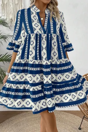 Geometric Print V Neck Dress with Ruffled Sleeves and Tiered Skirt