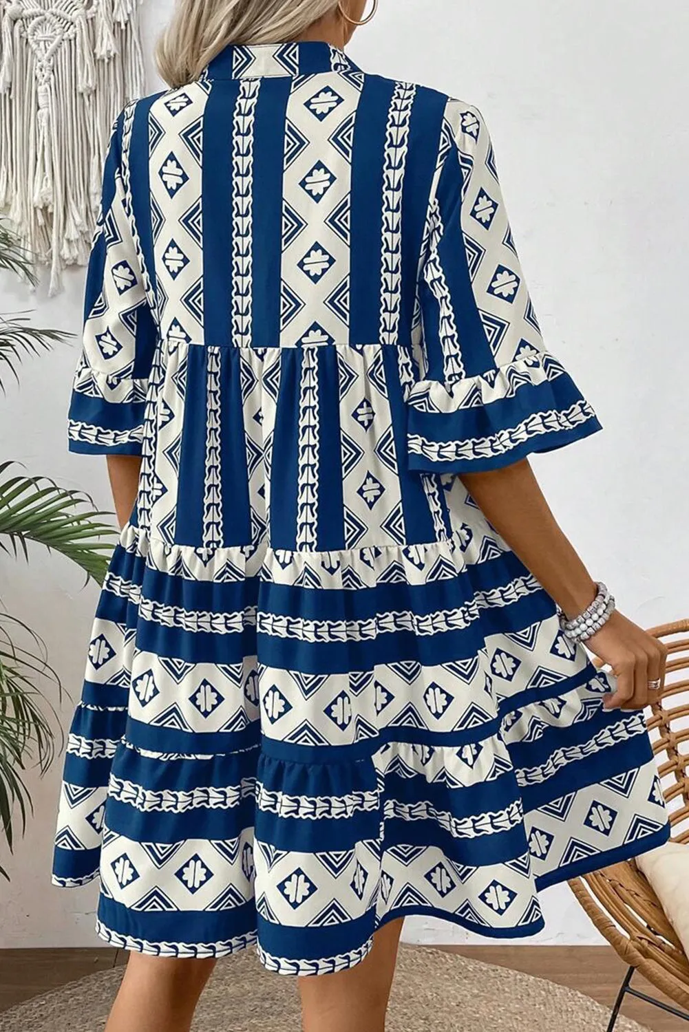 Geometric Print V Neck Dress with Ruffled Sleeves and Tiered Skirt
