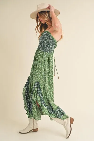 Green Ditsy Floral Ruffled Hem Maxi Cami Dress