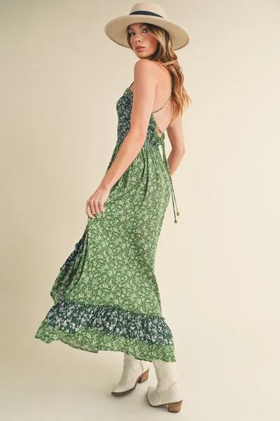 Green Ditsy Floral Ruffled Hem Maxi Cami Dress