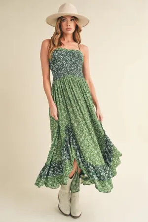 Green Ditsy Floral Ruffled Hem Maxi Cami Dress