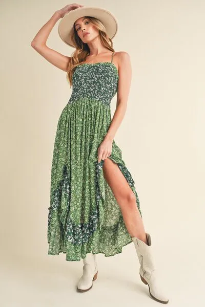 Green Ditsy Floral Ruffled Hem Maxi Cami Dress