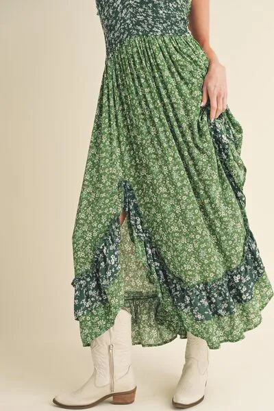 Green Ditsy Floral Ruffled Hem Maxi Cami Dress