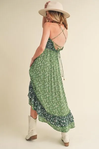 Green Ditsy Floral Ruffled Hem Maxi Cami Dress