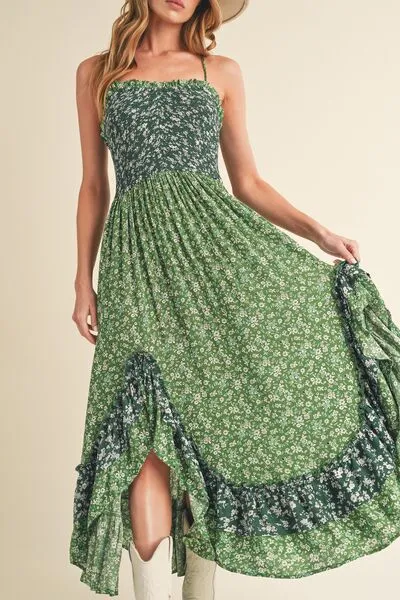 Green Ditsy Floral Ruffled Hem Maxi Cami Dress