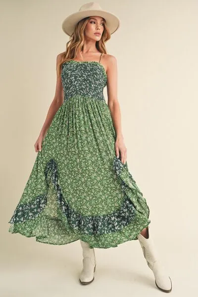 Green Ditsy Floral Ruffled Hem Maxi Cami Dress