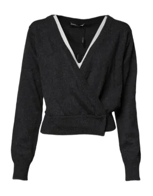Grey Cashmere Deep V-neck Pullover Sweater