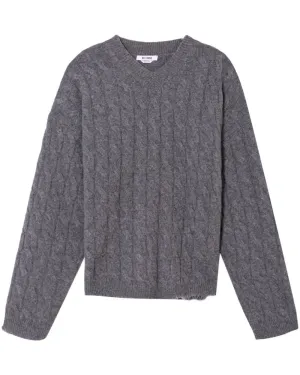 Grey Heather Cashmere Cable V Neck Pullover