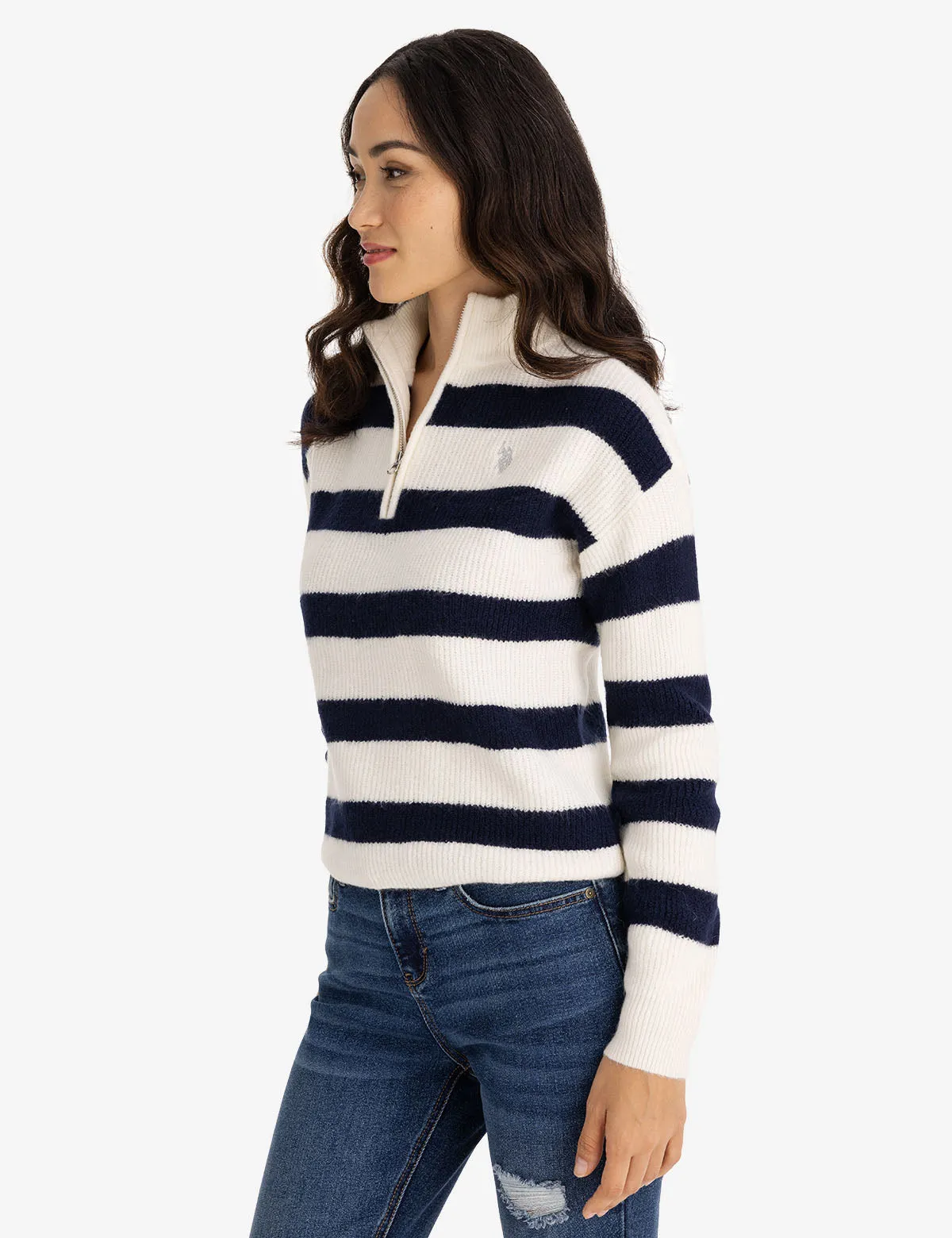 HALF ZIP MOCK NECK STRIPE SWEATER