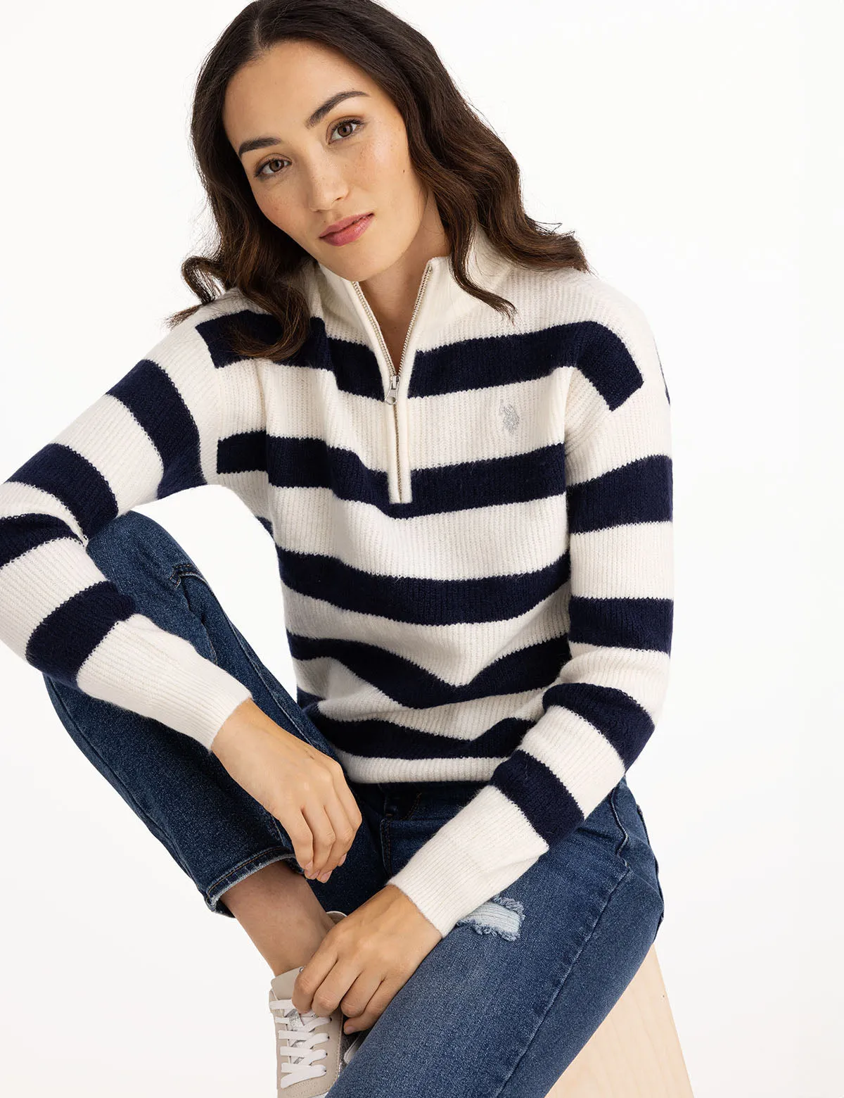 HALF ZIP MOCK NECK STRIPE SWEATER