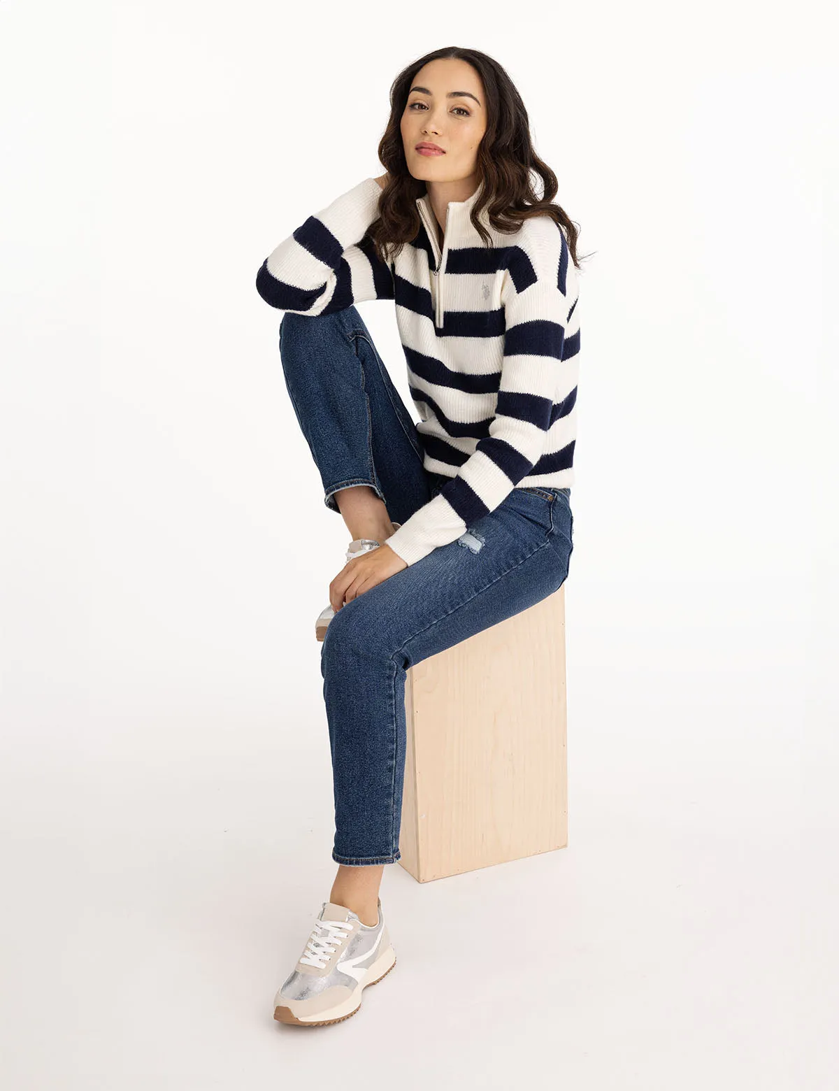 HALF ZIP MOCK NECK STRIPE SWEATER