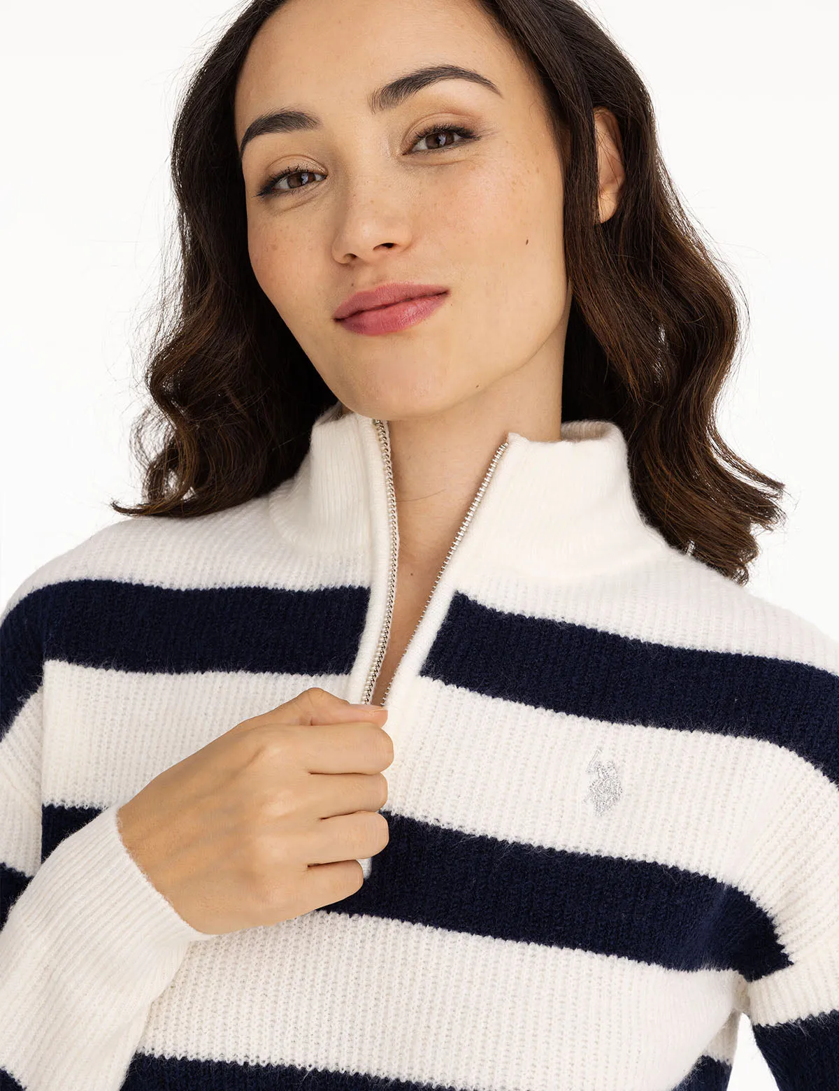 HALF ZIP MOCK NECK STRIPE SWEATER