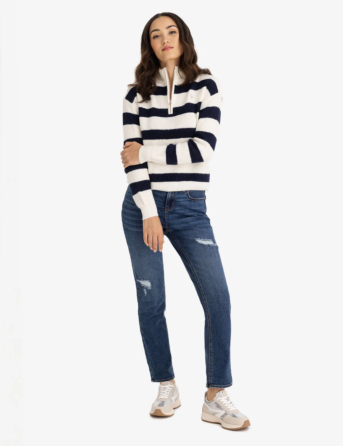 HALF ZIP MOCK NECK STRIPE SWEATER