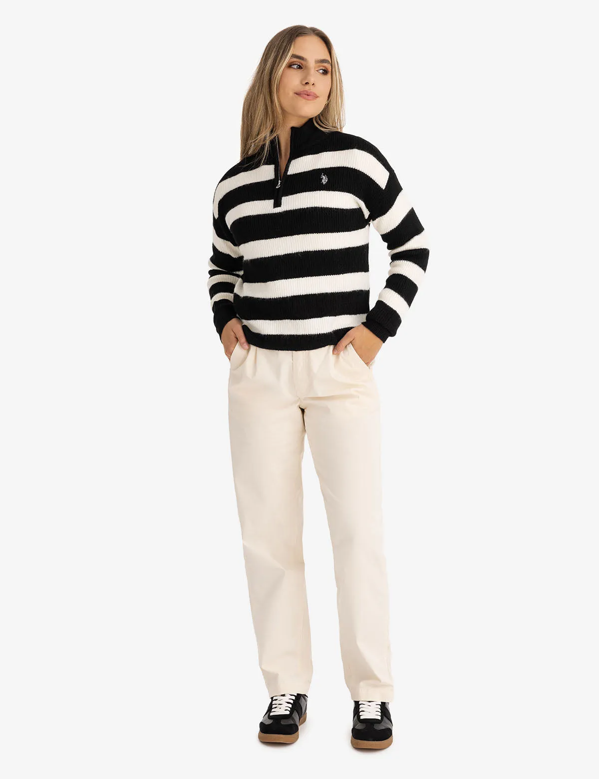 HALF ZIP MOCK NECK STRIPE SWEATER