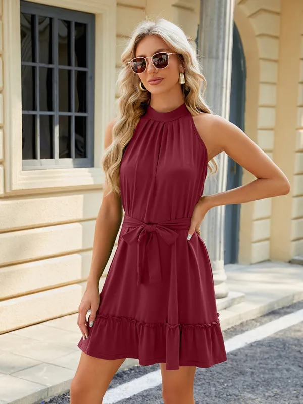 Halter Neck Dress with Pleated Sleeveless Design and Ruffled Hem