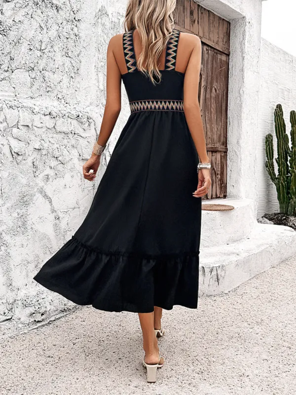 Halter Neck Midi Dress with Geometric Pattern and Ruffled Hem