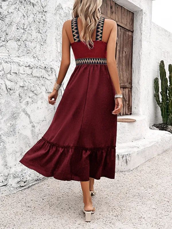 Halter Neck Midi Dress with Geometric Pattern and Ruffled Hem