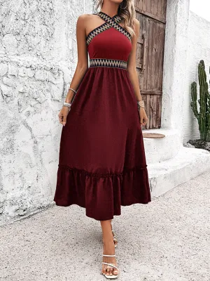 Halter Neck Midi Dress with Geometric Pattern and Ruffled Hem