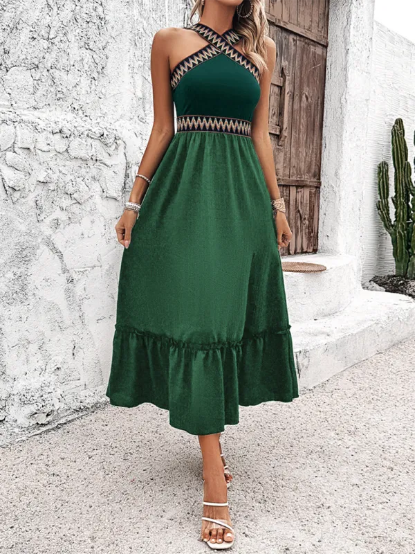 Halter Neck Midi Dress with Geometric Pattern and Ruffled Hem