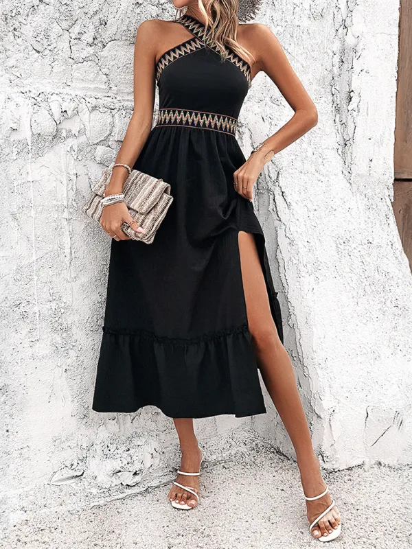 Halter Neck Midi Dress with Geometric Pattern and Ruffled Hem