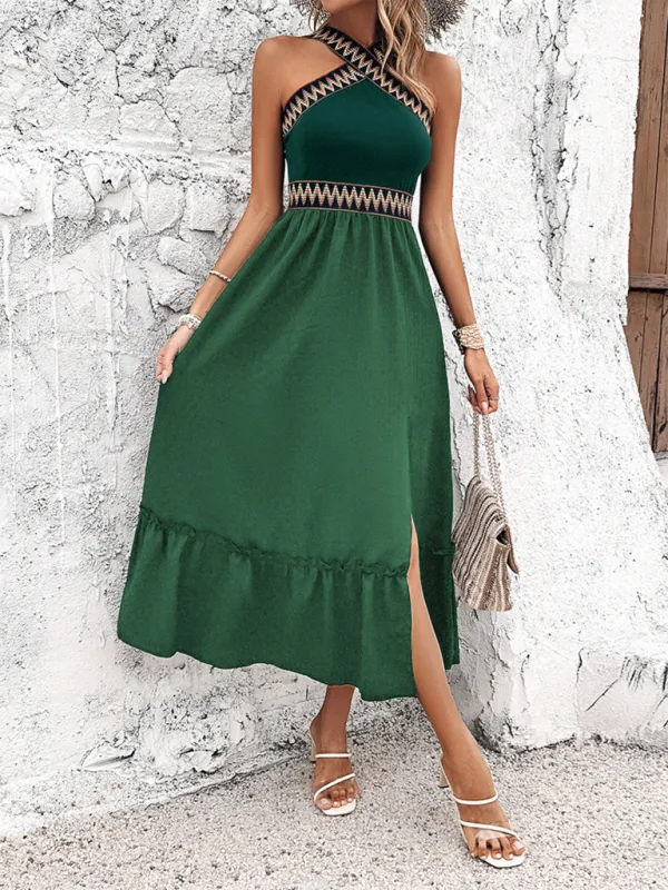 Halter Neck Midi Dress with Geometric Pattern and Ruffled Hem